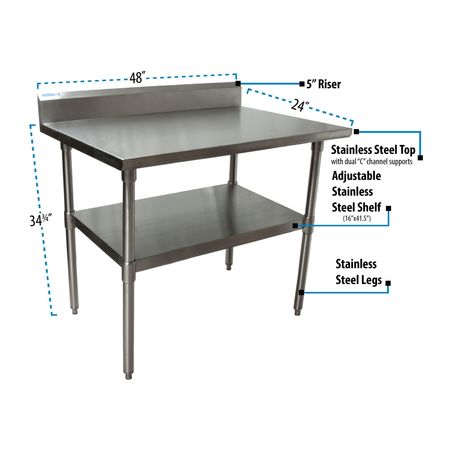 Bk Resources Work Table Stainless Steel Undershelf, Plastic feet 5" Riser 48"x24" SVTR5-4824